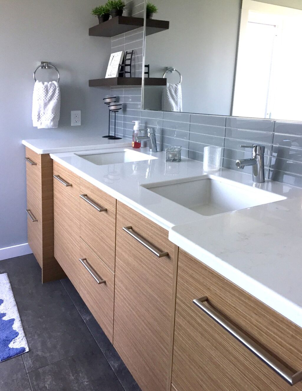 renovation bathroom vanity, modern slab doors and double undermount sinks