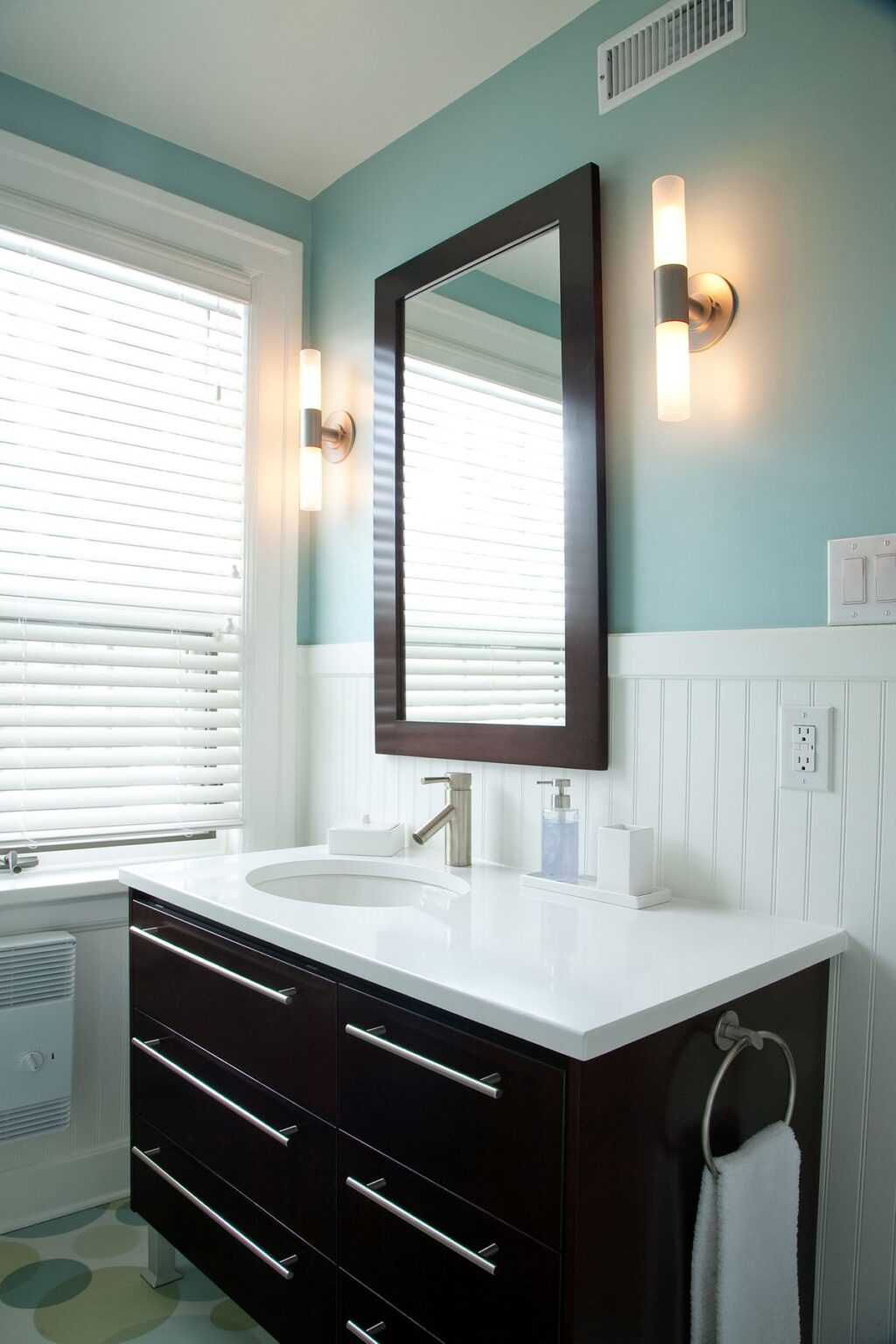 custom bathroom vanity with dark wood finish and undermount sink