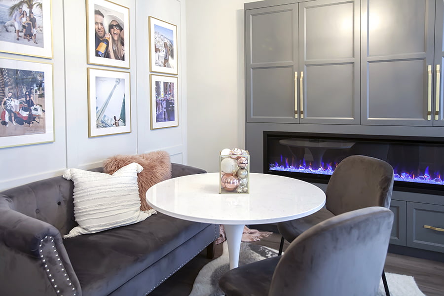 whole home renovation custom remodel with built in cabinets, wall detail and integrated fireplace