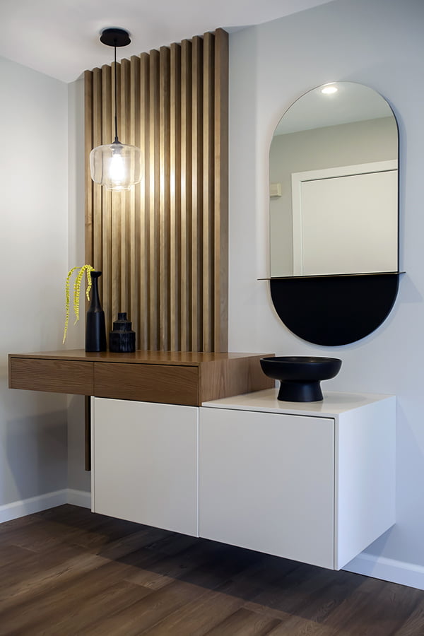 custom entryway reno foyer renovation with floating cabinets and mirror