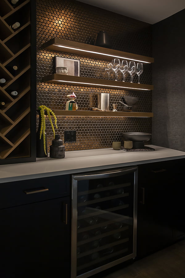 home bar cabinets winnipeg home bar design with dark custom cabinets, integrated wine rack and mosaic tile backsplash