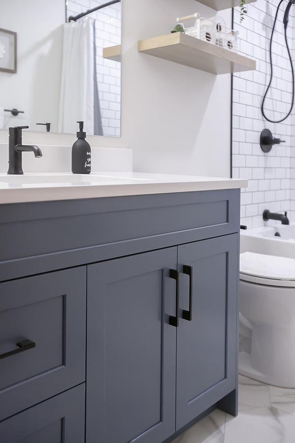 bath vanity, dark grey shaker style finish with black hardware