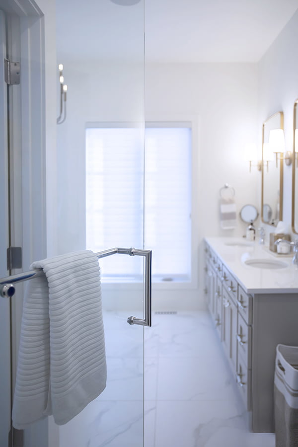 custom bath vanity with glass door shower