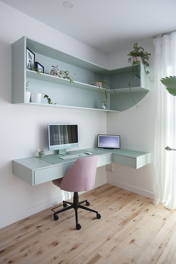 Custom Home Office Renovation custom home office renovation with floating desk and shelves